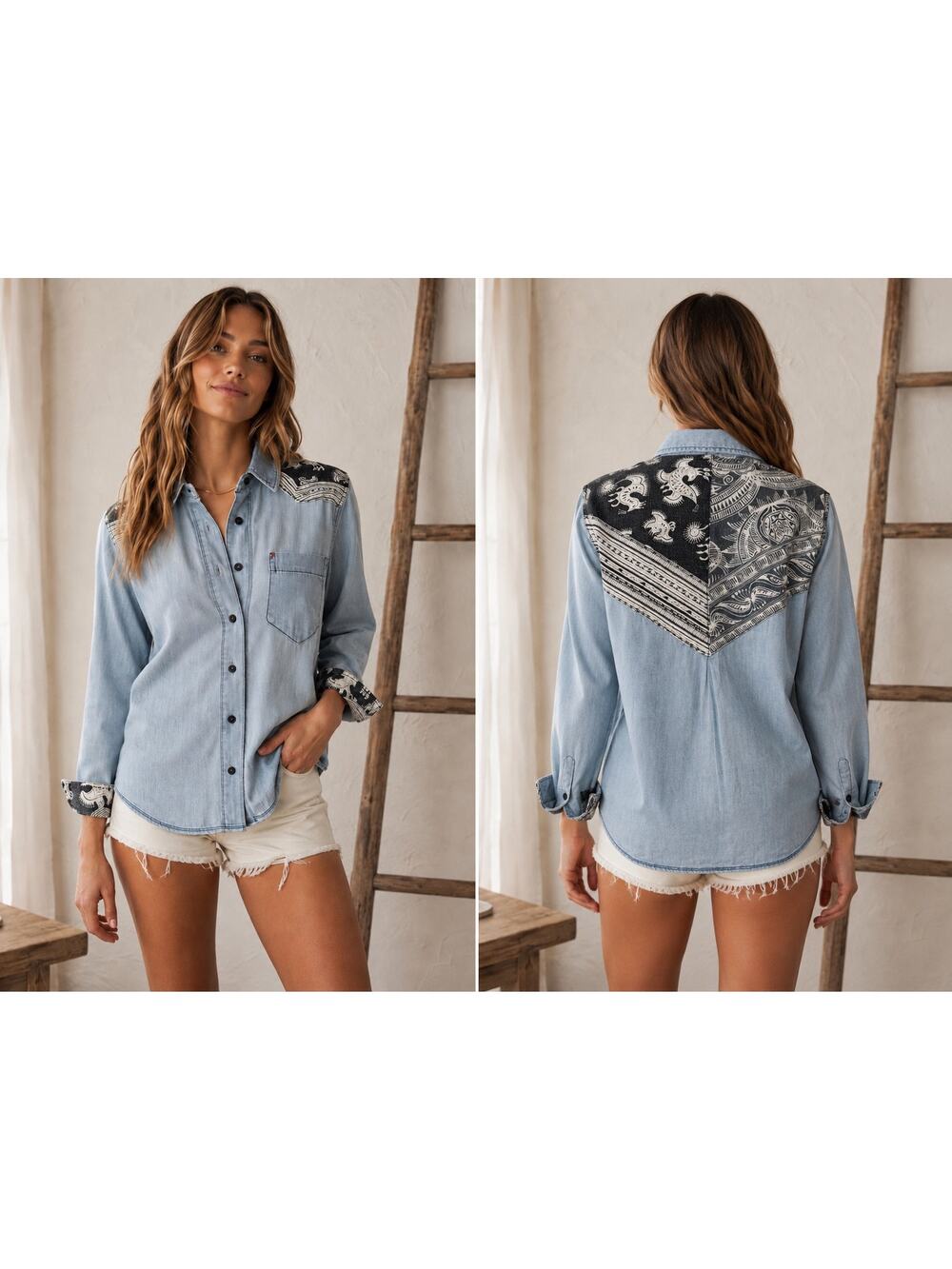 Free People Chambray Button Down Printed Yoke Boho Western Long Sleeve Size S